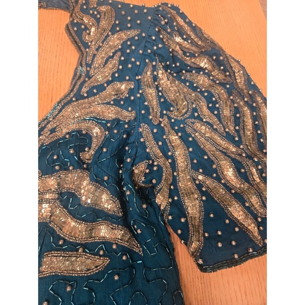 Vintage Silk Beaded Sequin Maxi Dress Teal Gold Keyhole Back Evening Gown Size L - Picture 3 of 13